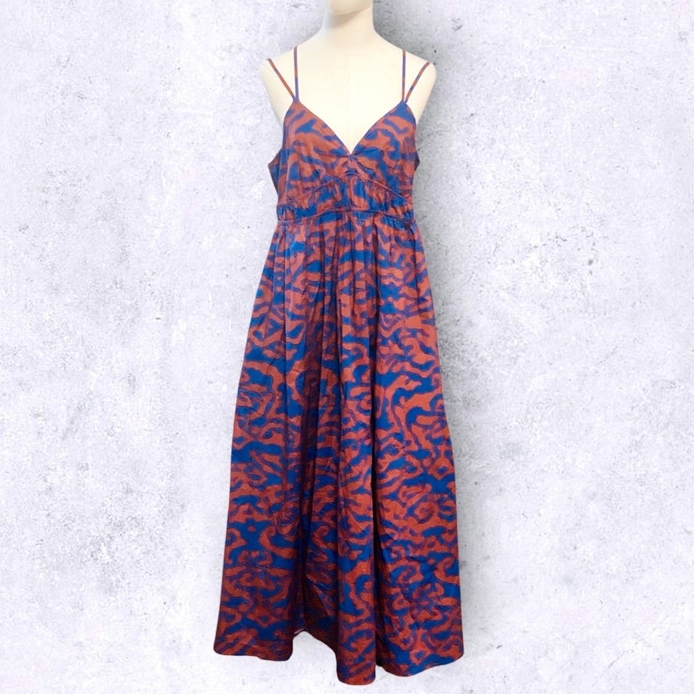 Nine West Women's Blue Rust Abstract Double Strap Smocked Midi Slip Dress Large